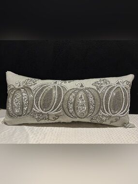 Harvest Moon Beaded Silver Pumpkin Lumbar Pillow Fall Thanksgiving Decor 29 x 13